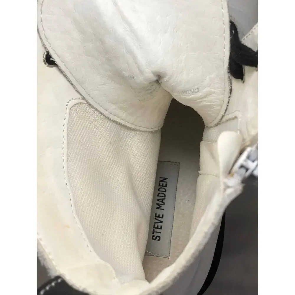 Steve Madden Combat Boots Women Size 9.5 White Black Lace Up Chunky Sole Zipper‎